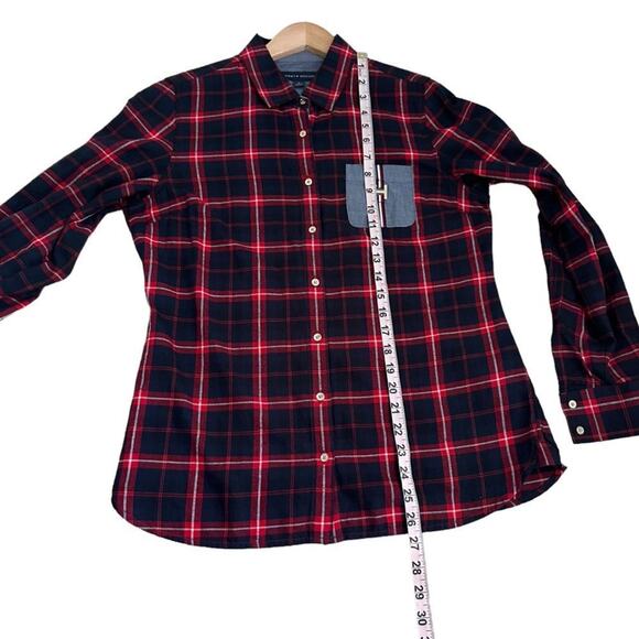Tommy Hilfiger Women M Plaid Button-Up Shirt Red Navy Check Cotton Logo Pocket - Picture 2 of 10